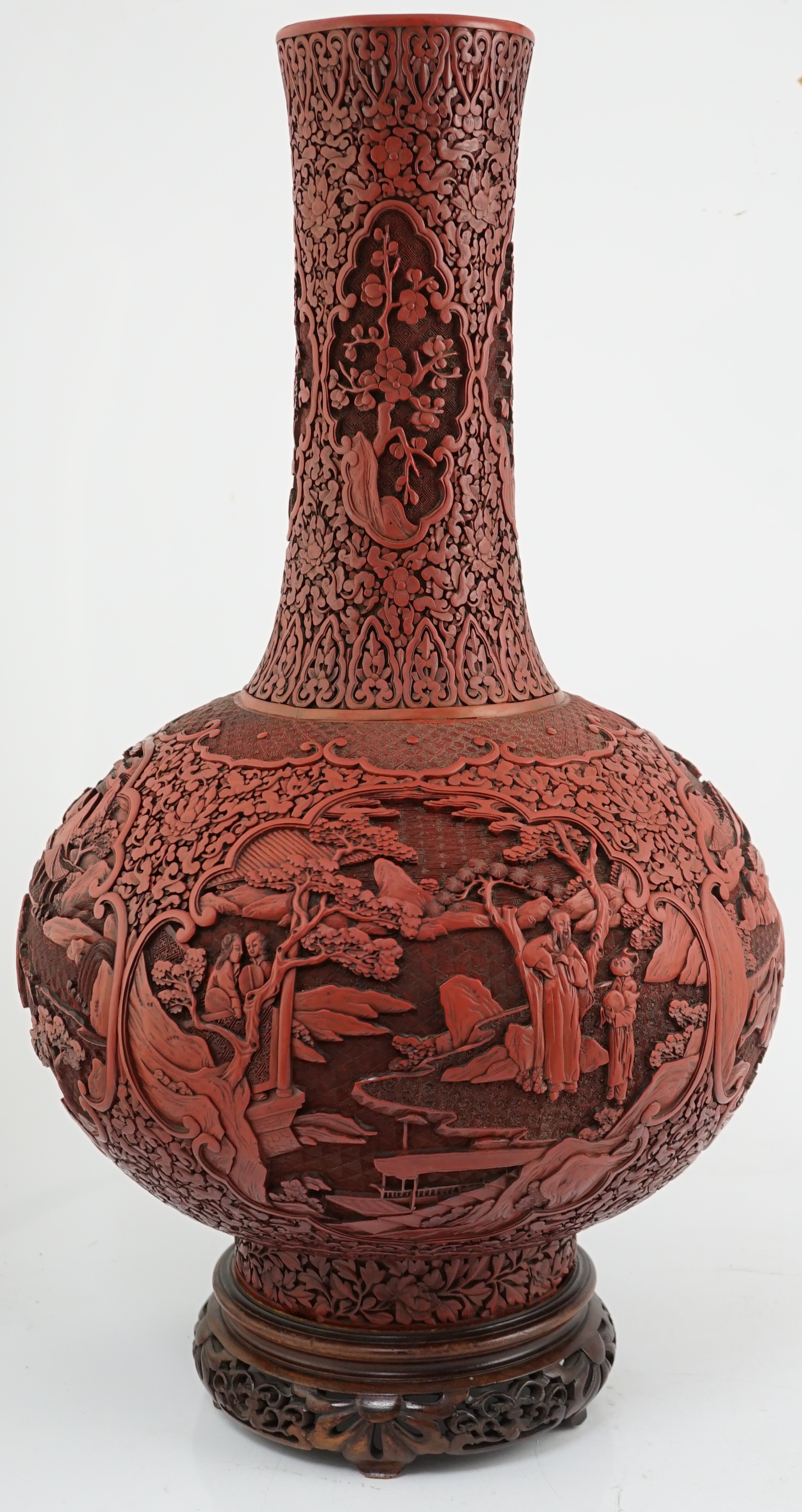 A large Chinese cinnabar lacquer bottle vase, 19th century, Some restoration